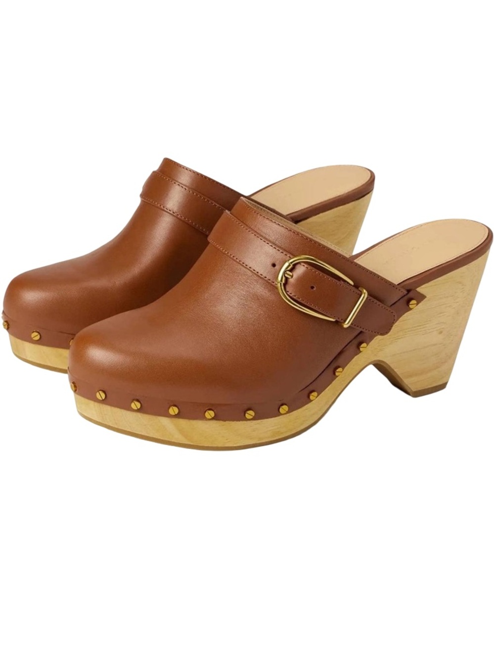 Veronica Beard Tan Brown Leather Clog Mules with Gold Buckle Sz 7